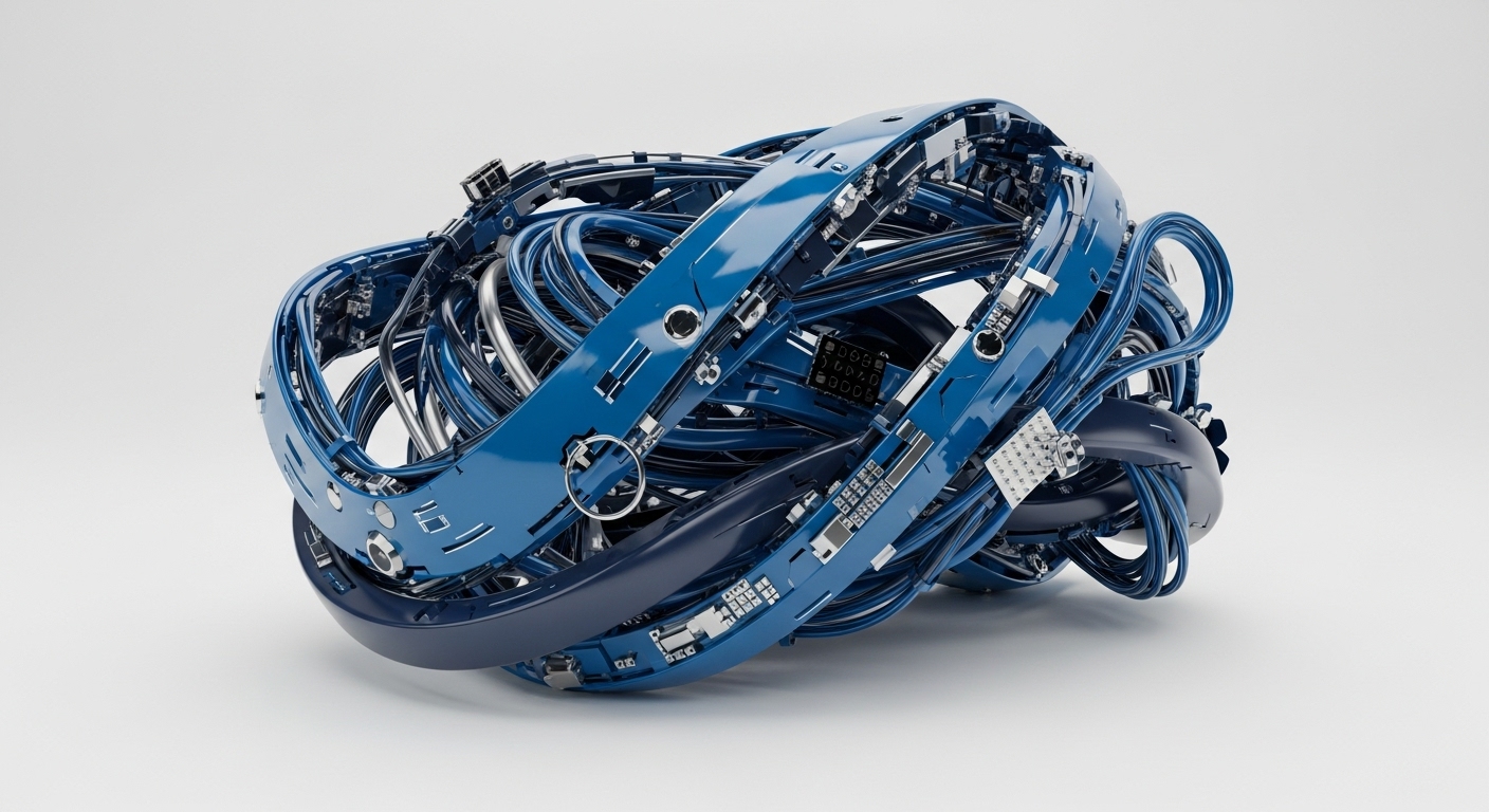 A complex, interwoven structure of glossy blue and metallic components forms a dense, spherical network topology. Visible elements include intricate circuit board traces, data conduits, and interconnecting nodes, suggesting robust blockchain architecture. This intricate assembly embodies the physical representation of a decentralized ledger technology, facilitating secure transaction processing and smart contract execution. It highlights the underlying infrastructure for validator nodes, ensuring data integrity and network scalability through cryptographic primitives and interoperability protocols. The design emphasizes efficient data packet routing within a permissionless network.