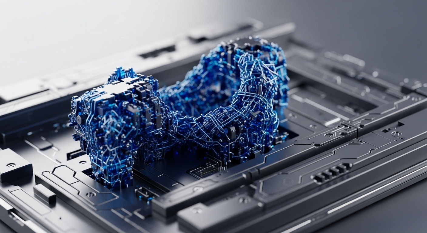 A vibrant, glowing blue, circuit-like structure sits prominently on a dark, metallic, futuristic base. The intricate blue formation, composed of numerous interconnected elements, appears to be a dynamic, abstract representation of complex digital processes