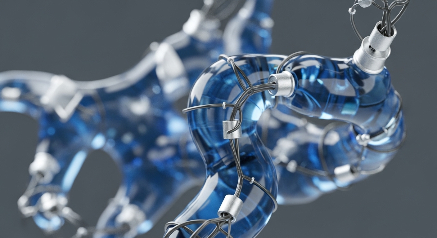 The image showcases a series of interconnected, translucent blue, tube-like structures, intricately wrapped with dark wires and secured by metallic cylindrical connectors. These elements form a complex, dynamic system set against a neutral grey background, suggesting advanced technological infrastructure