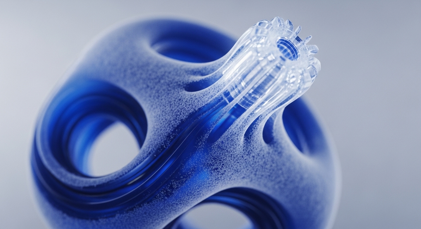 A frosted blue, geometrically complex structure features interconnected toroidal pathways, with a transparent, multi-pronged component emerging from its apex. The object's intricate design and translucent materials create a sense of advanced technological precision