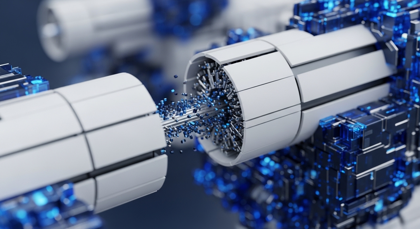 The image presents two white, segmented cylindrical structures, with a vibrant stream of small blue particles and metallic rods flowing from one into the other, set against a backdrop of glowing blue, block-like crystalline formations. This visual abstractly portrays complex data exchange within a high-tech environment