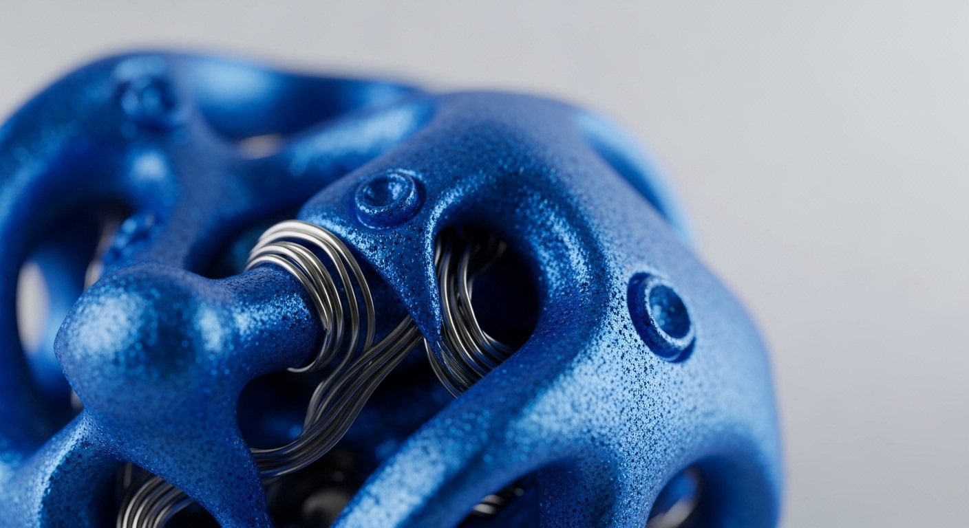 A close-up shot features a textured, vibrant blue object with a complex, open framework, showcasing numerous silver metallic wires threaded through its internal structure. The shallow depth of field highlights the granular surface and intricate interconnections of this abstract form
