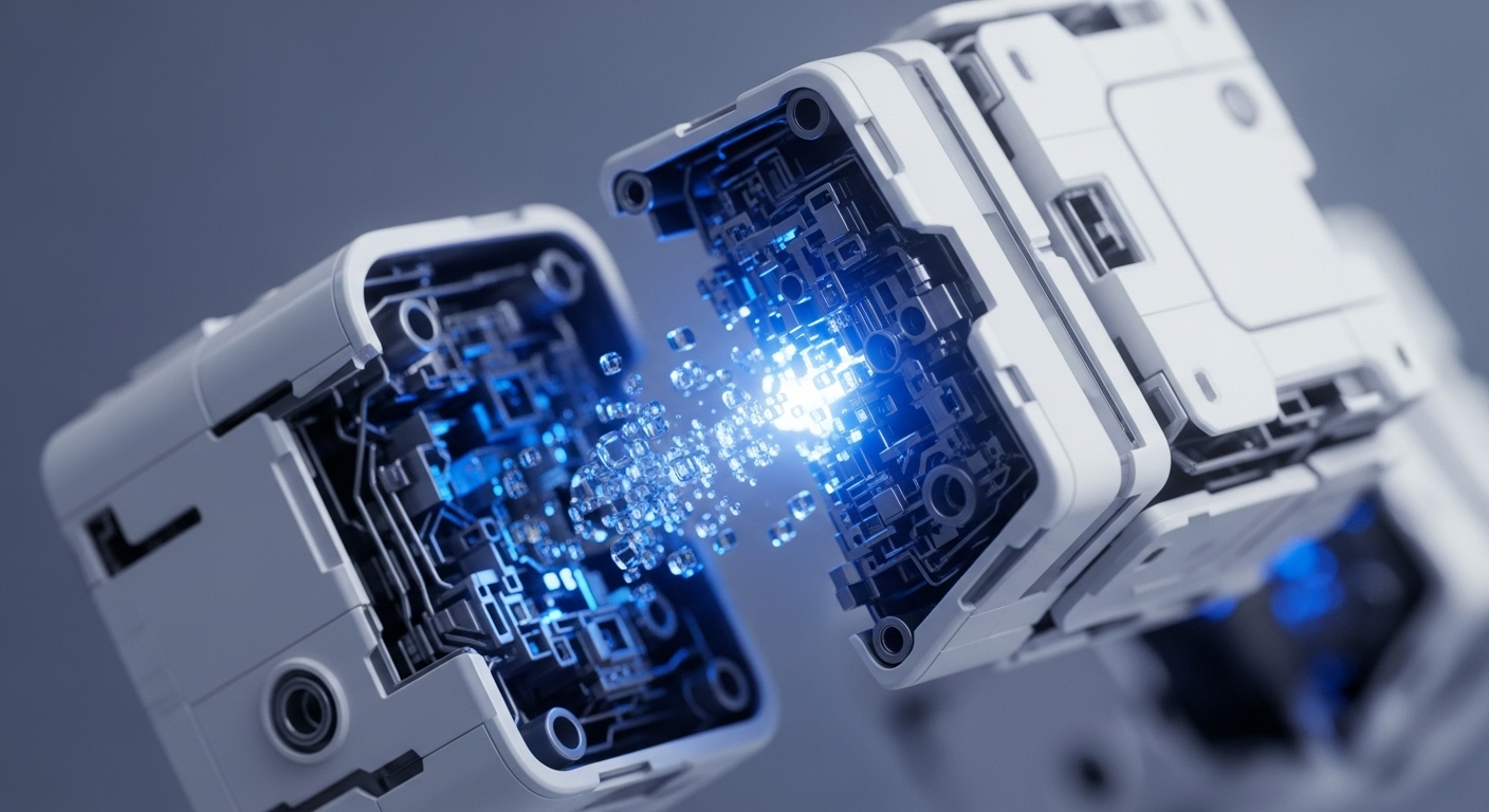 Two white, modular units with exposed, glowing blue circuitry face each other, actively exchanging luminous particles. This visual metaphor illustrates a blockchain network's dynamic node synchronization, where data packets representing transaction validation flow across a distributed ledger. The intense blue light signifies the secure and rapid processing inherent in smart contract execution, highlighting efficient interoperability within the ecosystem.