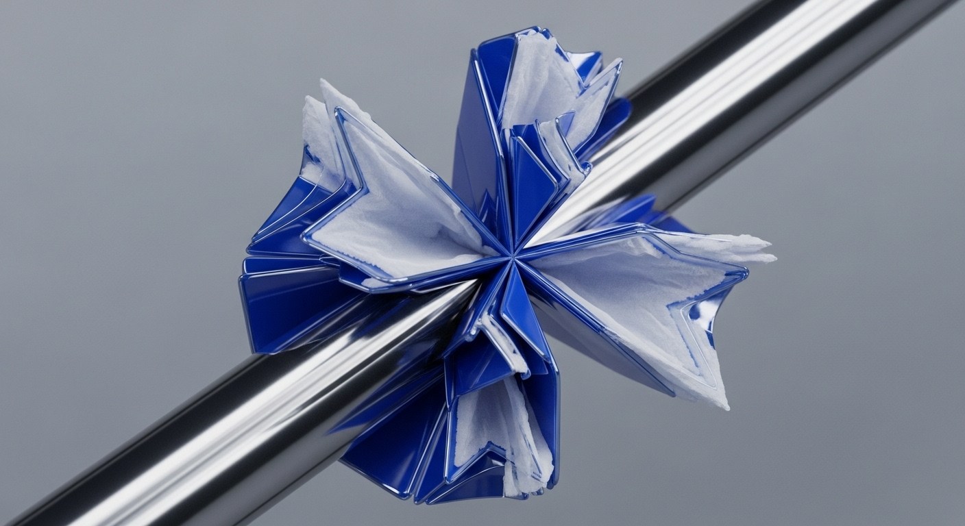 A polished metallic rod, angled across the frame, acts as a foundational element, conceptually representing a high-throughput blockchain network conduit. Adorned centrally is a complex, star-shaped component, featuring alternating reflective blue and textured white segments