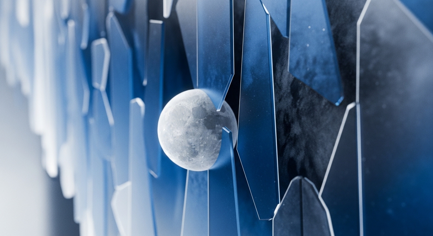 A spherical, cratered celestial body, reminiscent of a full moon, emerges dynamically from a complex array of sharp, fragmented blue and grey geometric structures. These abstract forms suggest a sophisticated, multi-layered blockchain architecture, perhaps illustrating a sharding implementation or a Layer 2 scaling solution. The moon's breakthrough signifies the launch of a new decentralized oracle network, providing off-chain data to smart contracts. This visual metaphor encapsulates disruptive innovation within Web3, emphasizing protocol interoperability and the evolution of digital asset ecosystems within a distributed ledger technology framework.