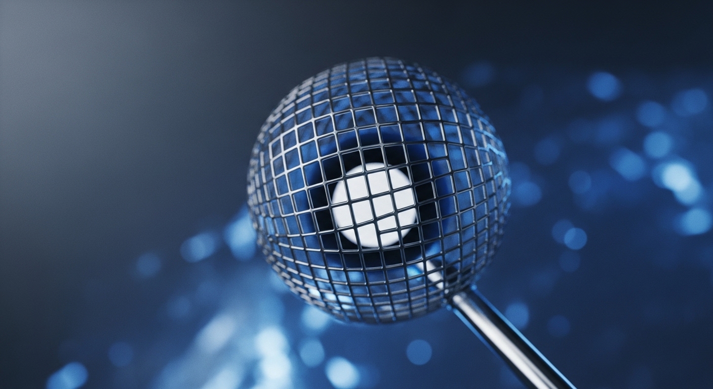 A metallic, grid-patterned sphere, symbolizing a decentralized network, stands against a deep blue, bokeh-filled backdrop. A luminous white circle at its core signifies a critical function, an oracle feeding verified off-chain data into a blockchain. Each reflective segment represents nodes within a distributed ledger technology DLT ecosystem, processing cryptographic hashing for secure transactions. The blurred background evokes interconnected peer-to-peer P2P infrastructure supporting digital assets and smart contract execution.
