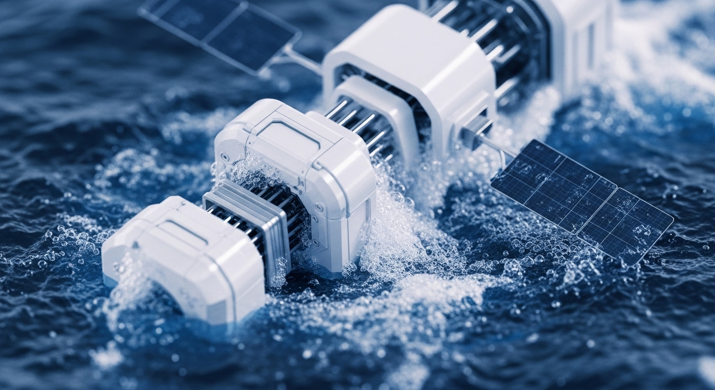 A modular white device, resembling a decentralized physical infrastructure network DePIN node, partially submerges in dynamic blue water, generating numerous bubbles and ripples. Its exposed internal mechanisms and integrated solar panels suggest off-chain data processing capabilities, actively maintaining data stream integrity. This visual metaphor encapsulates the oracle network resilience required for robust cross-chain interoperability, ensuring reliable smart contract execution even within challenging liquidity pool dynamics. The active water interaction symbolizes constant data flow and network activity.