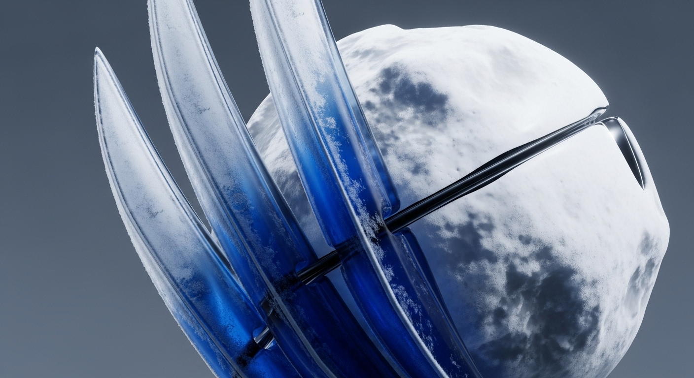 A textured, white spherical object, reminiscent of a celestial body or a blockchain node, is centrally positioned, featuring a pair of sleek, dark oracle network glasses. Several translucent, deep blue, blade-like structures, exhibiting frosted textures, securely encompass the sphere. These elements symbolize immutable data within a decentralized ledger technology framework, representing robust digital asset cold storage. A dark connecting rod integrates these security protocols, emphasizing smart contract execution and consensus mechanism integrity. The composition highlights Web3 infrastructure safeguarding tokenization processes.