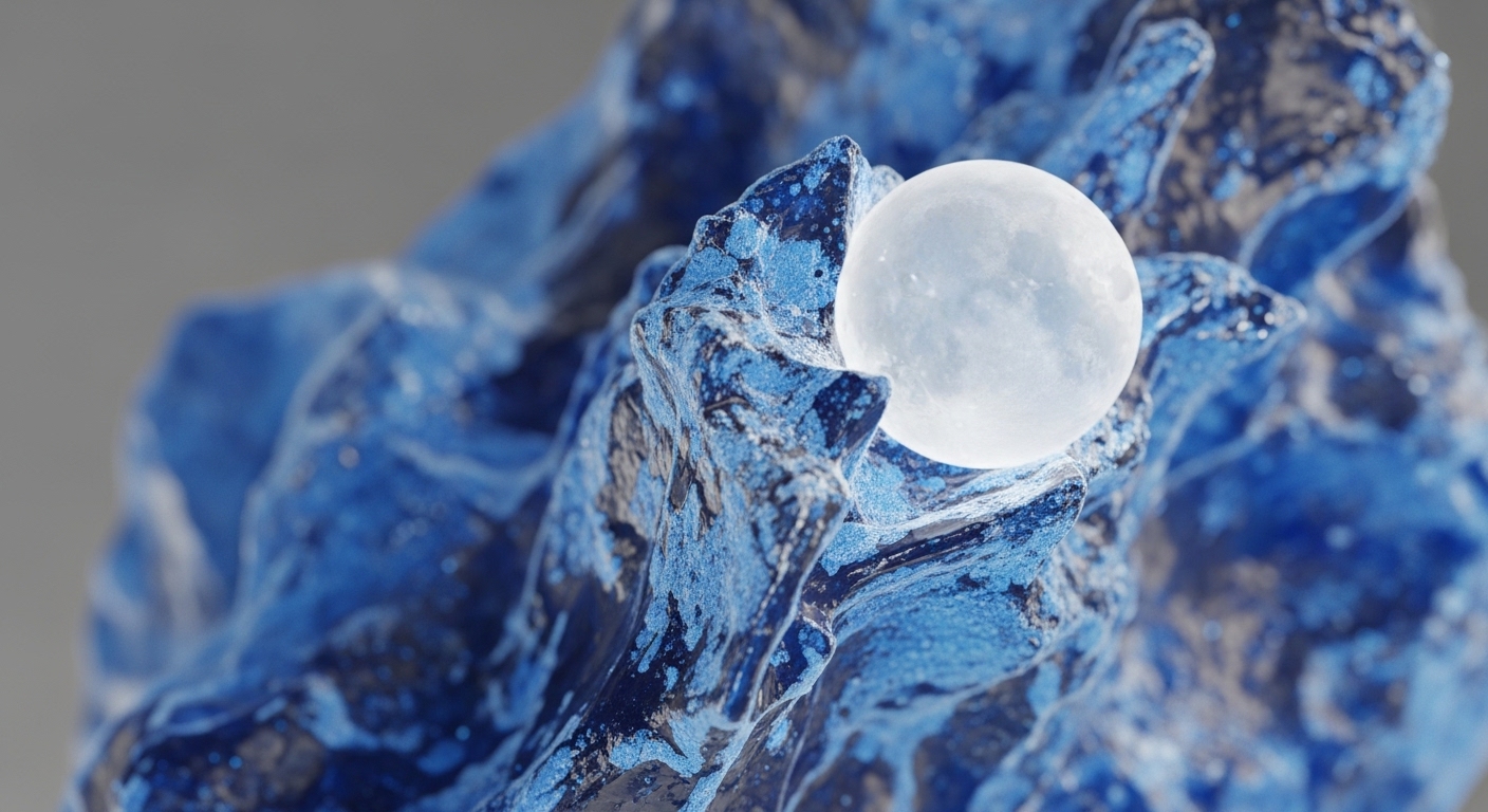 A glowing, translucent white sphere is centrally positioned within a rugged, dark blue, textured formation. The blue structure features lighter, granular blue accents, creating a complex, organic appearance against a blurred grey background
