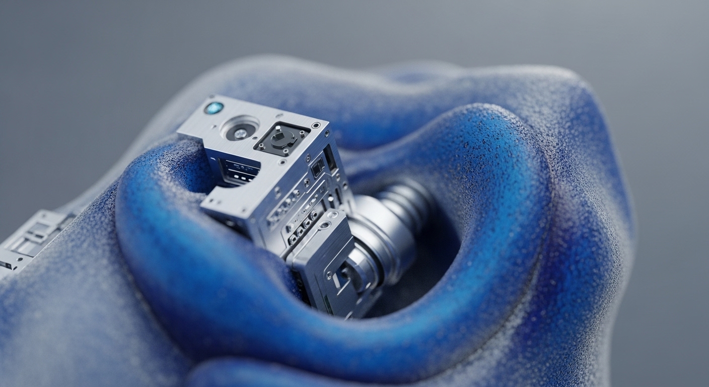 A close-up shot displays a highly detailed, silver-toned mechanical device nestled within a textured, deep blue material. The device features multiple intricate components, including a circular sensor and various ports, suggesting advanced functionality