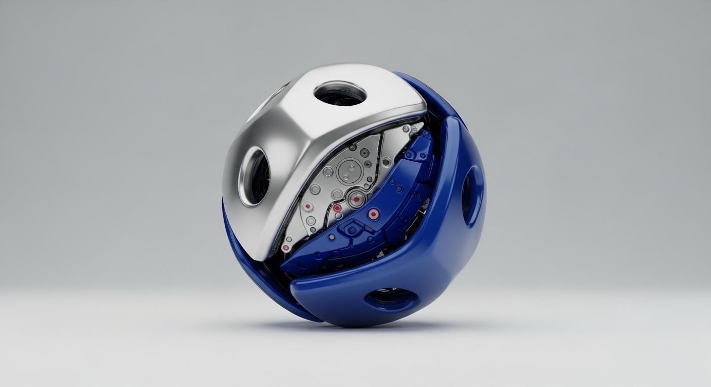 A metallic and blue spherical object is displayed against a neutral background. The sphere is partially open, revealing complex internal gears and mechanical components