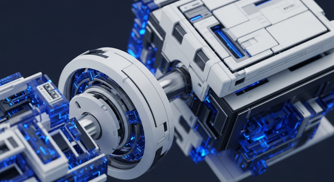 The image displays a complex, futuristic mechanical structure composed of interlocking white and dark grey modules. Vibrant blue light emanates from transparent internal components, suggesting active data processing within a distributed ledger technology framework. A central metallic shaft connects sections, symbolizing interoperability between network nodes. This intricate protocol architecture visualizes the computational intensity of transaction validation and smart contract execution, highlighting the underlying consensus mechanism powering digital asset transfers and decentralized finance operations.