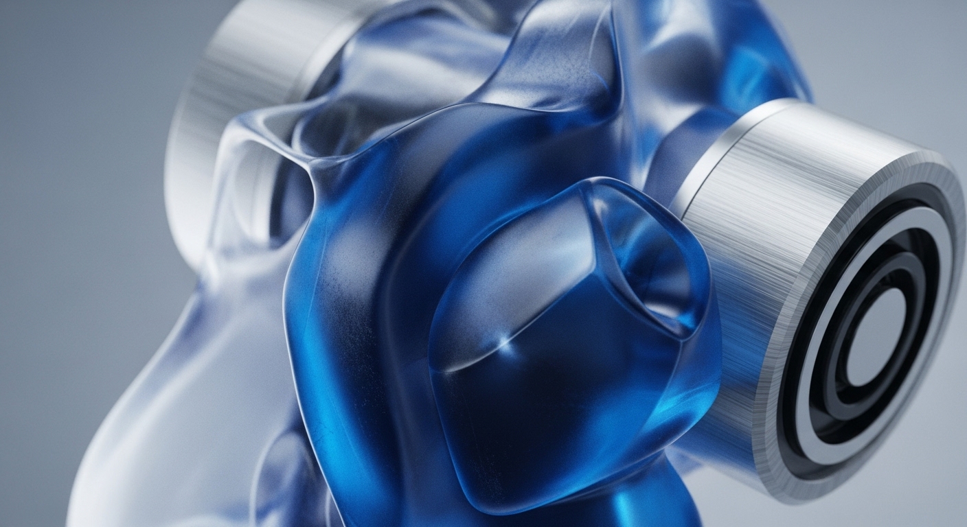 The image features a close-up of an abstract, futuristic object composed of translucent blue and clear flowing forms, integrated with brushed silver cylindrical components. These metallic elements display concentric ring patterns on their visible ends, contrasting with the organic shapes