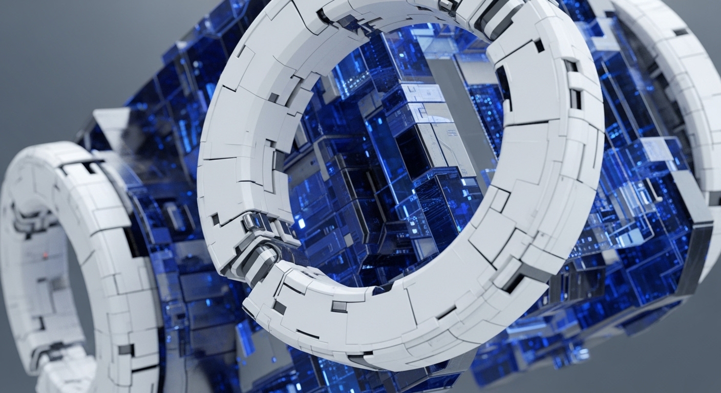 The image showcases multiple segmented white toroidal structures encircling an intricate, glowing blue core, resembling advanced technological components. These elements collectively form a compelling visual representation of sophisticated blockchain architecture and the underlying cryptographic primitives crucial for modern distributed ledger technology
