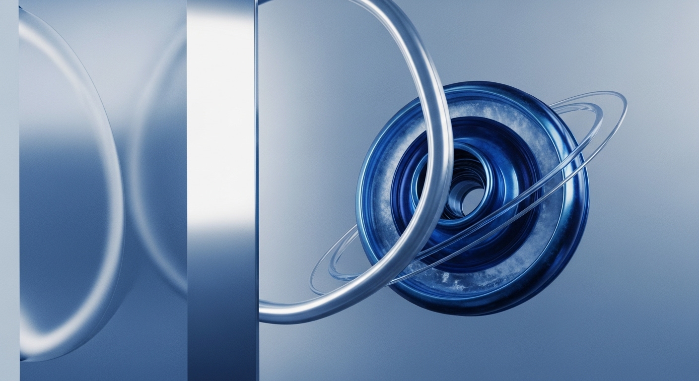 The visual presents an abstract composition of metallic and translucent geometric forms set against a gradient blue background. On the left, soft, blurred circular shapes recede into the background, while the right features a prominent silver arc partially encircling a complex, multi-layered blue ring structure with several thin, transparent orbital rings