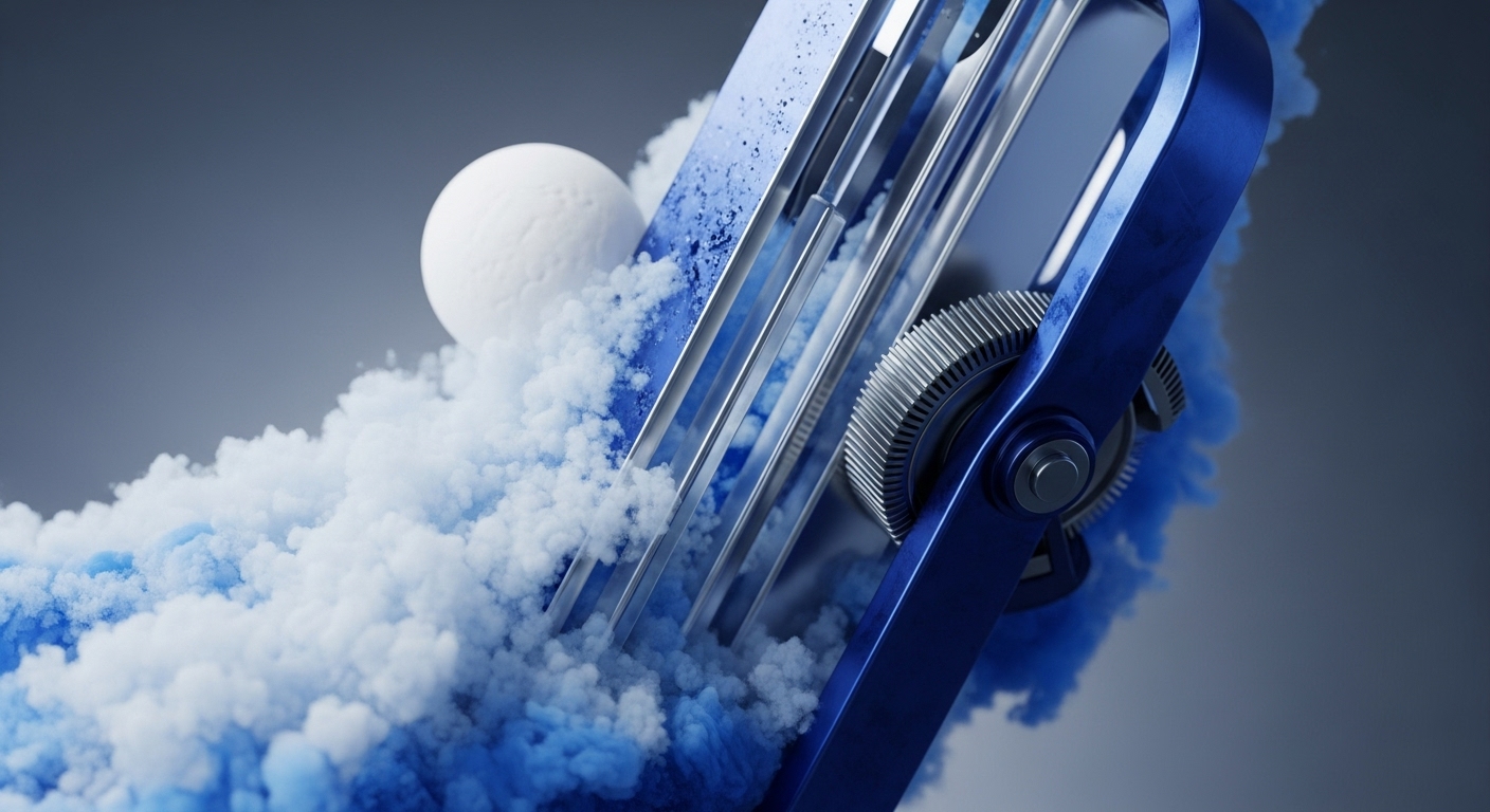 A striking visual presents a complex blue metallic structure, featuring multiple parallel fins and exposed gears, enveloped by a vibrant flow of white and blue particulate matter. A smooth white sphere is partially visible, interacting with the dynamic cloud-like elements and the central mechanism