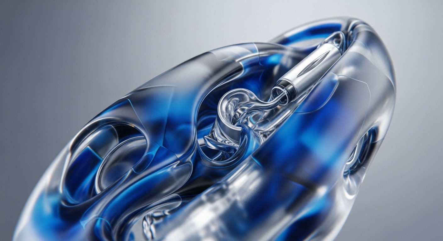 A sophisticated abstract rendering showcases interconnected translucent blue and reflective silver components, forming a complex internal system. A prominent metallic element, resembling a specialized processing unit, is securely integrated within the larger structure