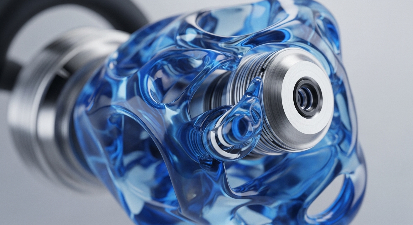A close-up view reveals a highly detailed, translucent blue structure with a dynamic, fluid-like appearance, intricately surrounding and interacting with polished silver-toned metallic components. One prominent cylindrical metallic part features fine grooves and a central aperture, suggesting a precision-engineered mechanism
