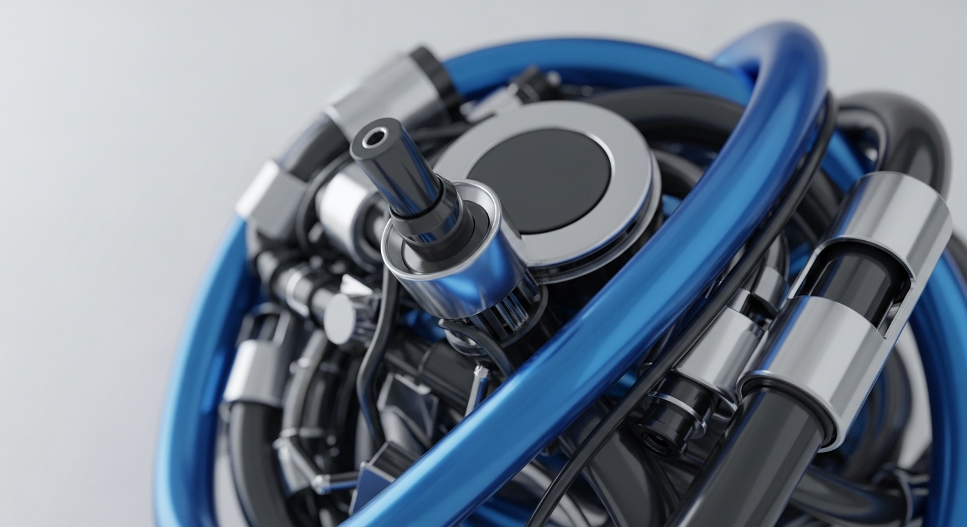 A detailed close-up reveals an abstract arrangement of polished silver and black mechanical components, interwoven with prominent, glossy blue tubular elements against a soft grey background. The intricate interplay of these metallic and dark structures suggests a highly engineered system, featuring various connectors and conduits