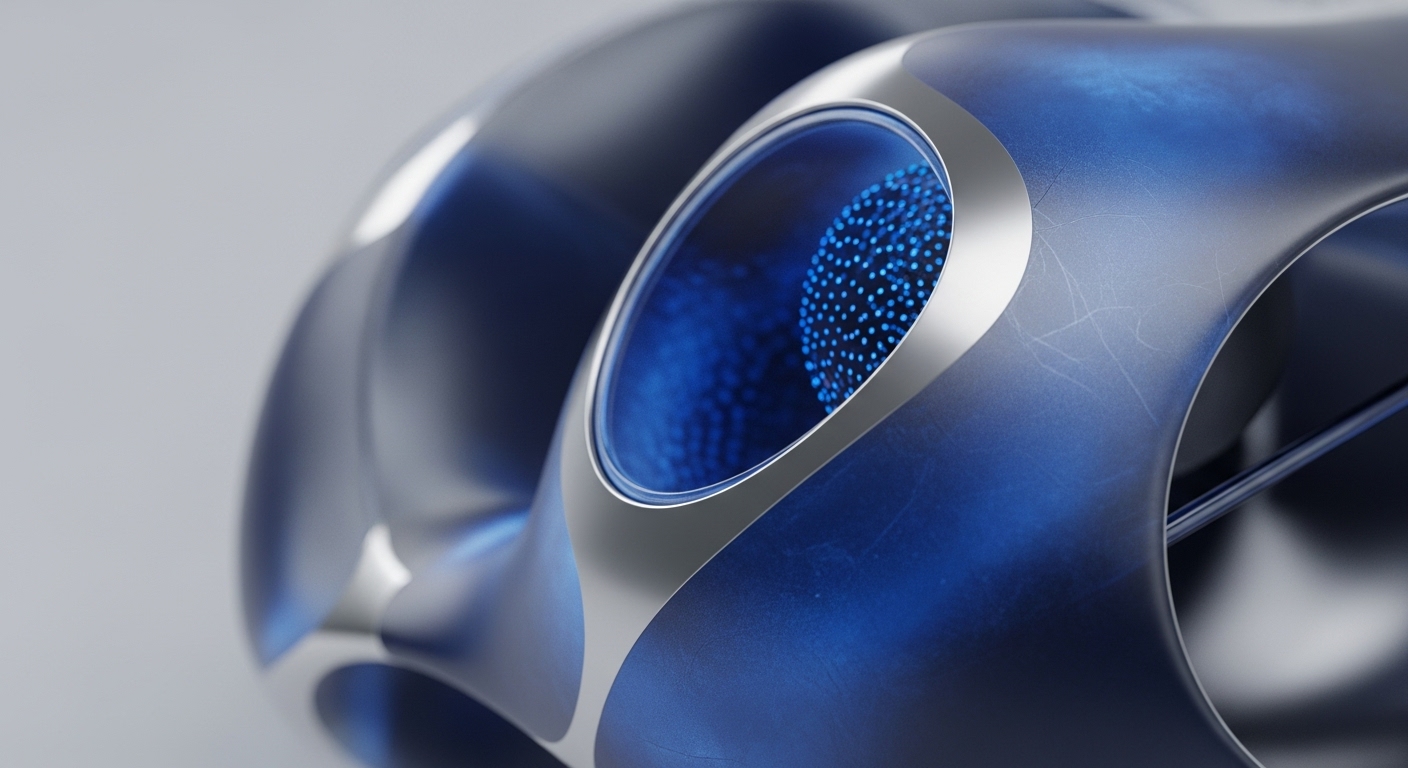 A futuristic, abstract metallic blue structure with sleek silver accents suggests advanced blockchain architecture. A prominent circular aperture reveals a glowing blue sphere, meticulously composed of illuminated points, representing a decentralized network's active nodes or a cryptographic primitive's data visualization. Subtle surface abrasions hint at protocol resilience within a distributed ledger environment. This visual metaphor encapsulates network security, consensus mechanism, and scalable infrastructure vital for robust Web3 development. The luminous core symbolizes the dynamic network state.
