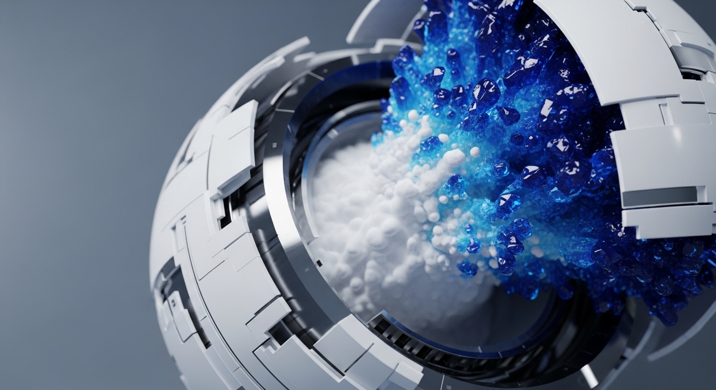 A futuristic spherical mechanism, partially open, reveals an intricate internal process with distinct white and blue elements. The left side displays a dense aggregation of white, granular material, transitioning dynamically into a vibrant formation of sharp, blue crystalline structures on the right, all contained within a metallic, paneled shell