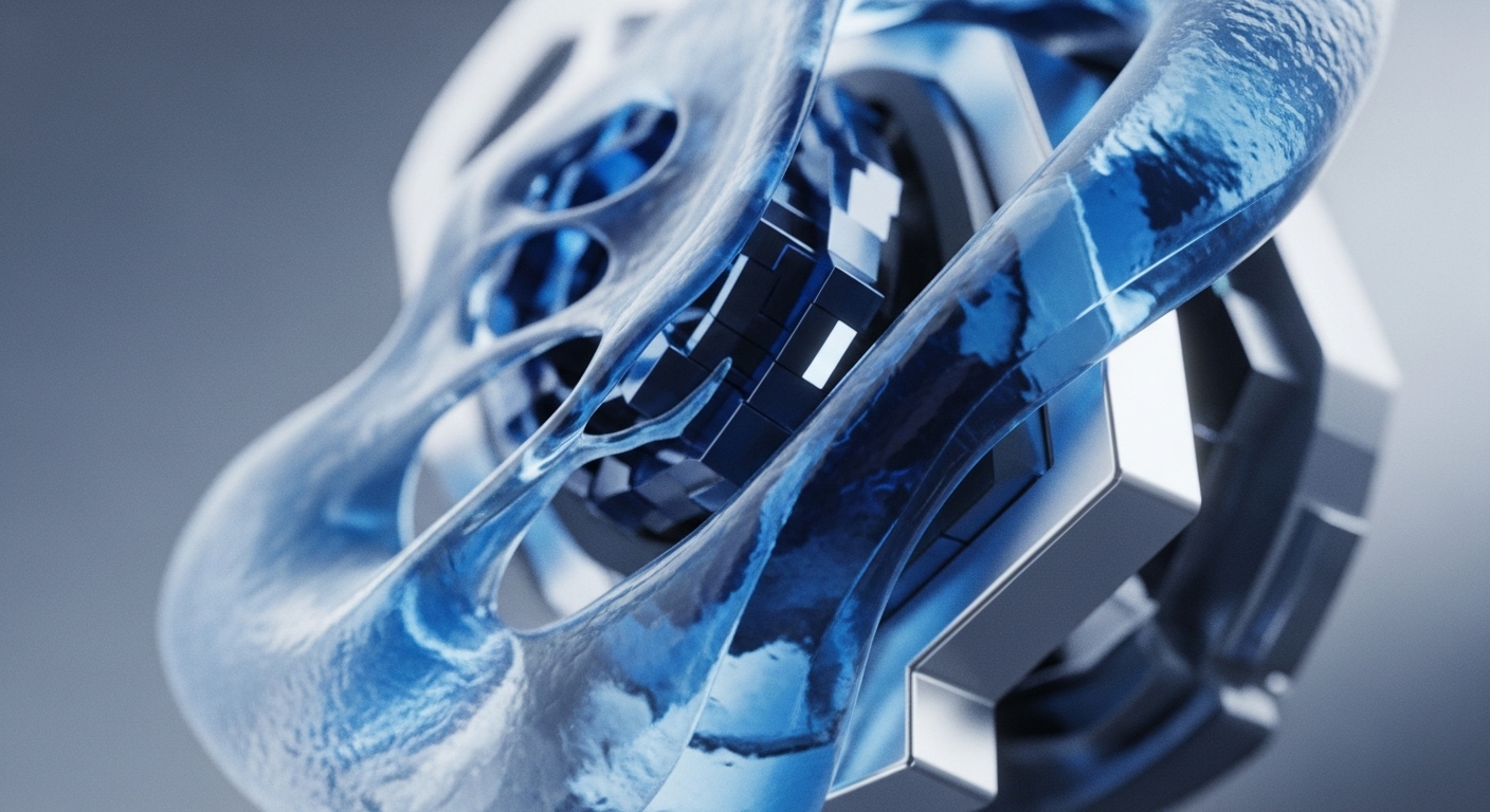 A striking abstract composition features translucent blue liquid-like forms intertwined with angular metallic structures, revealing an interior of dark blue, block-like elements. The interplay of fluid and rigid components creates a sense of dynamic complexity and advanced engineering