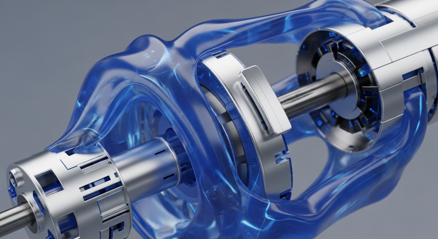 A futuristic rendering displays a complex mechanical assembly featuring polished metallic shafts and intricate cylindrical structures. These components are partially enveloped by a vibrant, translucent blue fluid-like substance, suggesting dynamic interaction and energy transfer