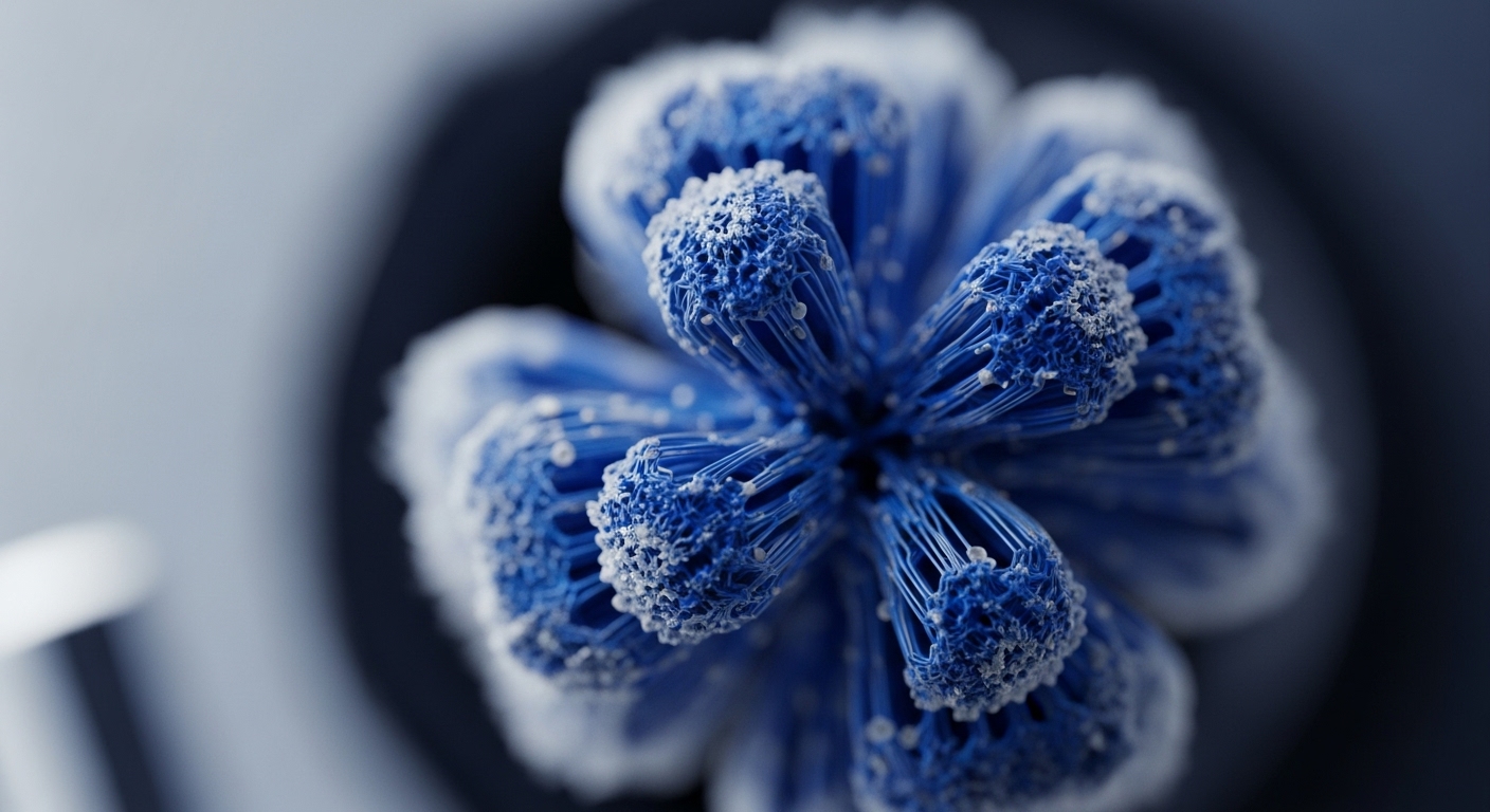 A detailed macro view presents a radially symmetric, blue, intricate structure composed of numerous fine, interconnected filaments, radiating from a central point. Small, bright white granular particles are scattered across the textured surfaces of these blue segments