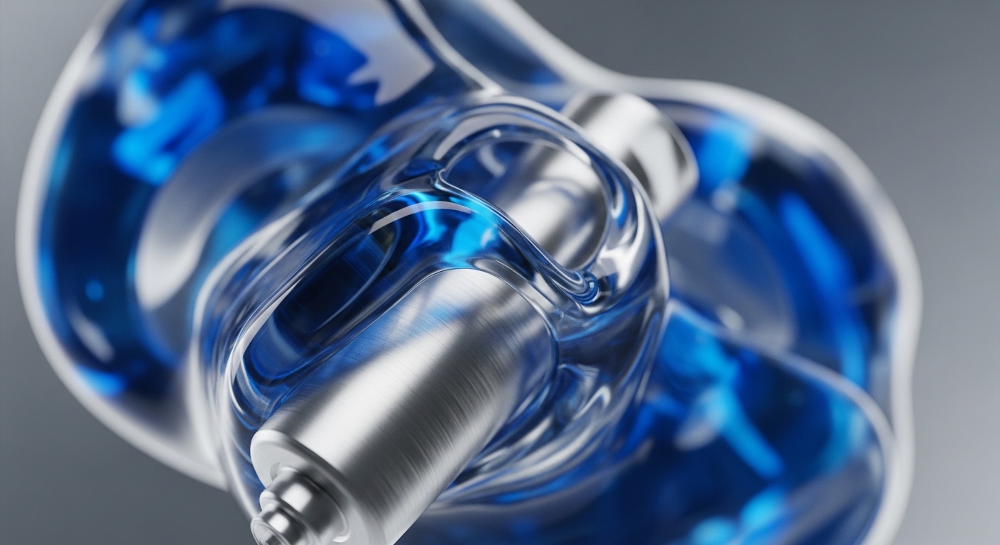 A macro view showcases a transparent, possibly polymer or glass, structure encasing vibrant blue, fluid-like formations that undulate around a central brushed metallic cylinder. The interplay of light on the clear material and the luminous blue creates a sense of dynamic movement and depth within the composition
