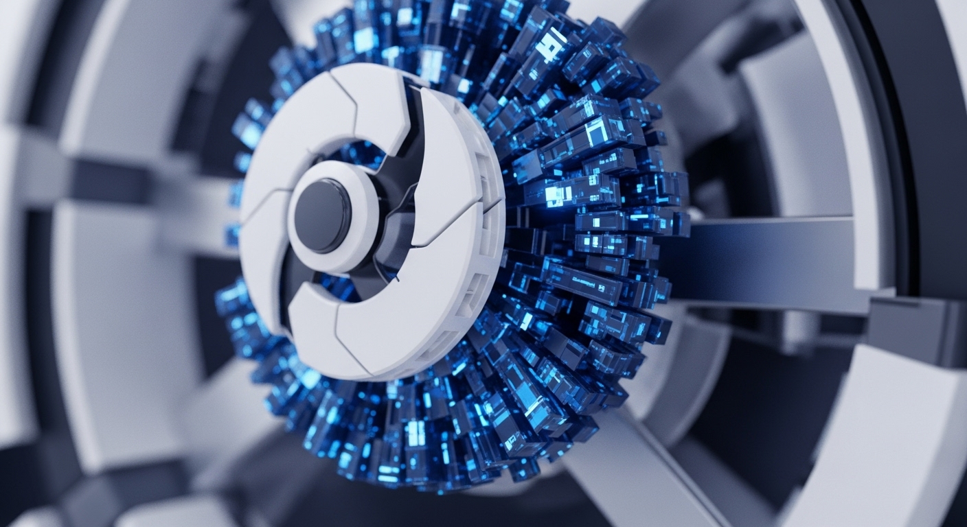 A central white, segmented circular mechanism features a dark core, positioned against a blurred background of abstract white and dark grey rings. This mechanism is surrounded by a spherical cluster of glowing blue, translucent rectangular blocks