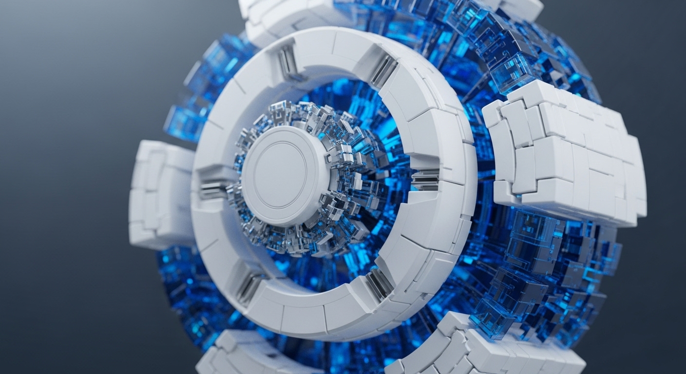 The image displays a sophisticated, spherical technological construct, predominantly white with a glowing blue interior. Its outer surface comprises precisely interlocking white segments forming concentric rings and robust rectangular blocks