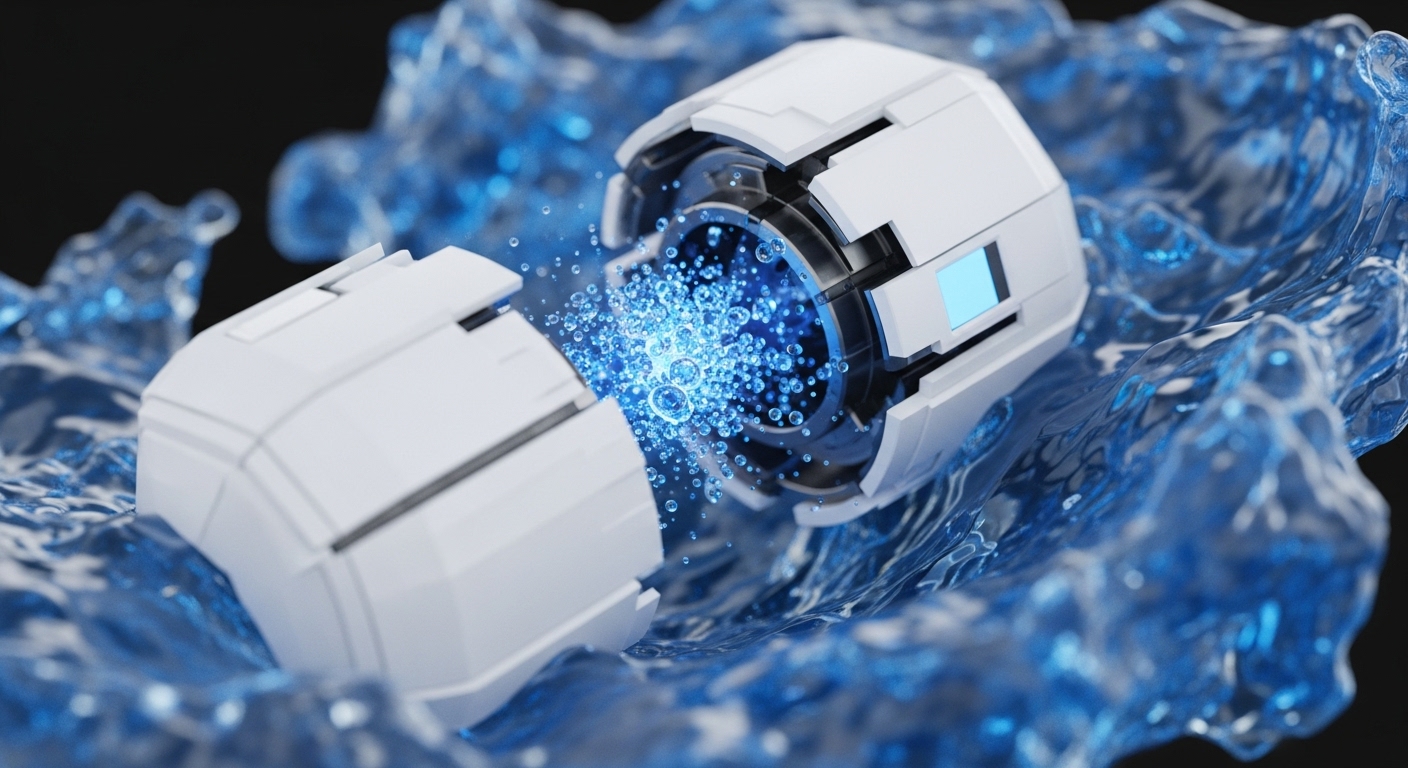 A futuristic white capsule-like device, split into two segments, rests amidst dynamic blue liquid. Bright blue glowing particles emanate from the central opening of the device, dispersing into the surrounding translucent medium