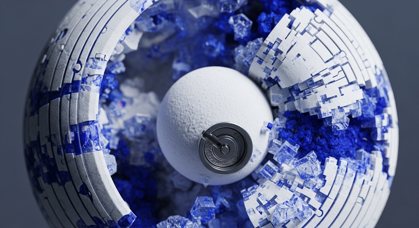 The image displays a partially opened spherical object, revealing an inner core and surrounding elements. Its outer shell is white and segmented, fractured to expose a vibrant blue granular substance mixed with clear, cubic crystals