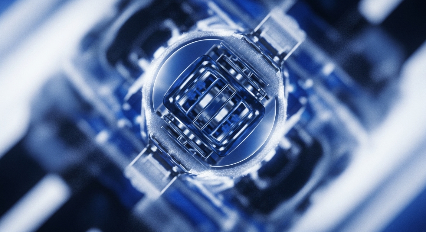 A central, intricate metallic structure glows with blue light, featuring layered, interconnected rectangular components within a circular frame. The surrounding elements are blurred, suggesting a dynamic, complex technological environment