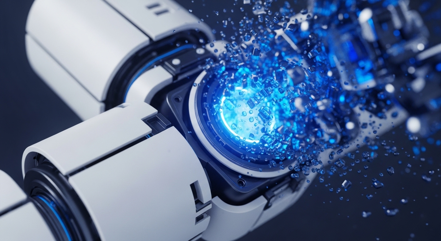 A futuristic white robotic arm segment features a vibrant, glowing blue energy core actively dispersing numerous crystalline blue particles against a dark, minimalist background. The modular design suggests advanced engineering and computational capabilities at its central nexus