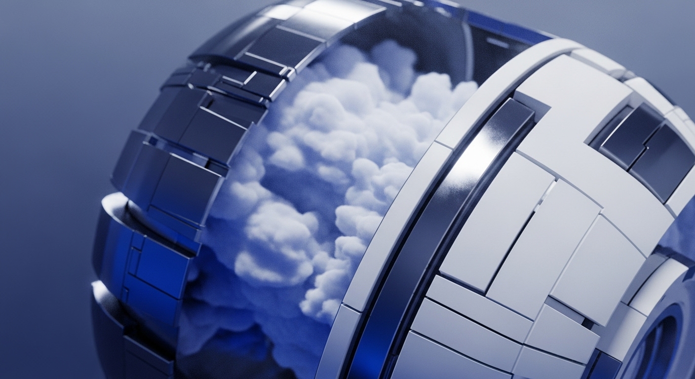 A futuristic spherical mechanism, composed of segmented metallic blue and white panels, is depicted partially open against a muted blue background. Inside, a voluminous, light-colored, cloud-like substance billows from the core of the structure