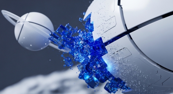 A dynamic abstract visual features two futuristic, metallic spheres. The smaller sphere, resembling a ringed planet, floats serenely in the background. The larger, foreground sphere appears to be undergoing a violent hard fork event. Its robust protocol layer is fracturing, unleashing a vibrant blue explosion of crystalline digital assets and cryptographic primitives. This visual metaphor suggests a transformative ecosystem disruption, where new data integrity structures emerge from the evolution of decentralized network architecture, signifying a powerful shift in tokenomics or consensus mechanism implementation.