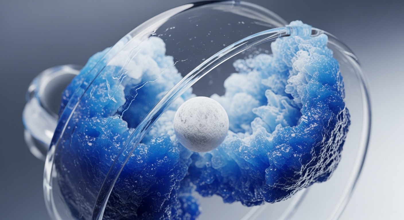 The image displays a transparent, ring-like structure containing a textured, frothy blue substance. A white spherical object is suspended centrally, with a thin stream of clear liquid flowing over the blue substance and around the sphere