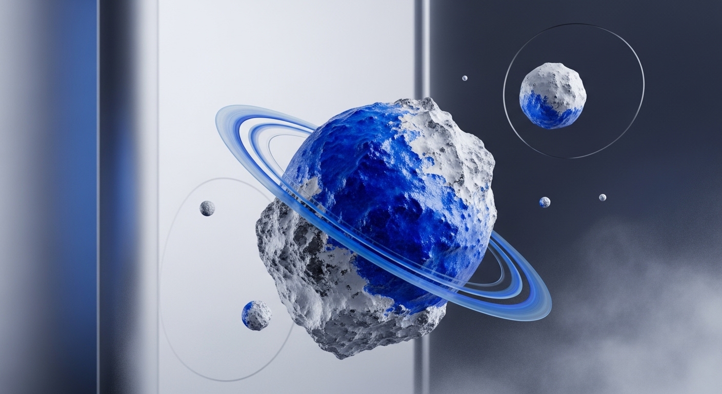A large, irregularly shaped celestial body, half vibrant blue and half textured grey, is prominently featured, encircled by multiple translucent blue rings. Smaller, similar asteroid-like spheres, some partially blue, are scattered around, with one enclosed within a clear circular boundary, all against a gradient background transitioning from light to dark grey