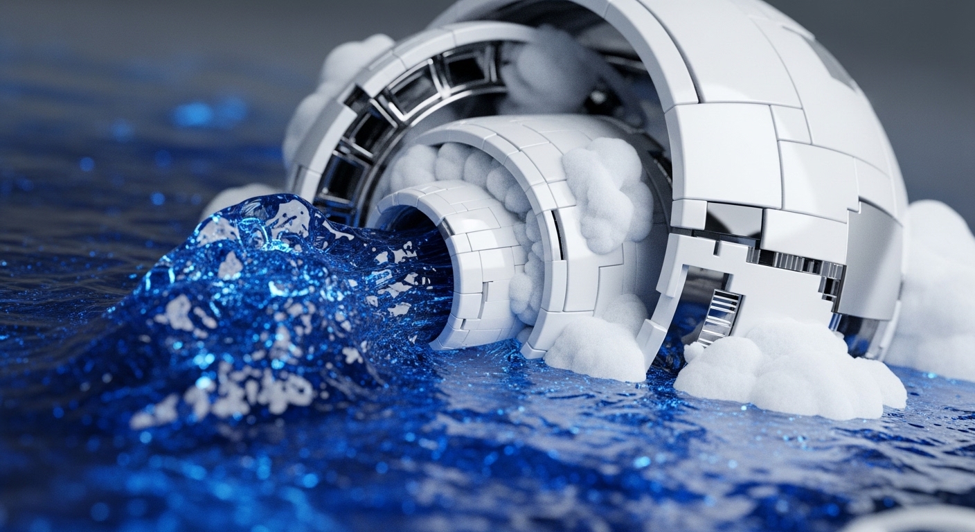 A sleek, modular white structure, resembling a sophisticated decentralized protocol, rests partially submerged in luminous blue water. A powerful stream of water, indicative of digital assets, actively gushes from its core conduit, creating dynamic splashes and ripples