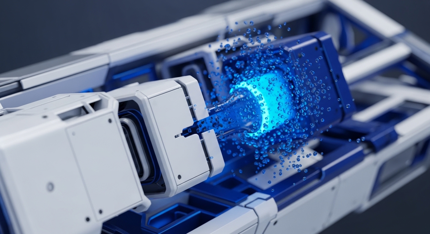 A futuristic white and blue mechanism is depicted, with a central unit emitting a brilliant, glowing blue stream. This stream, densely populated with luminous bubbles, flows into a darker blue internal housing, creating a dynamic visual