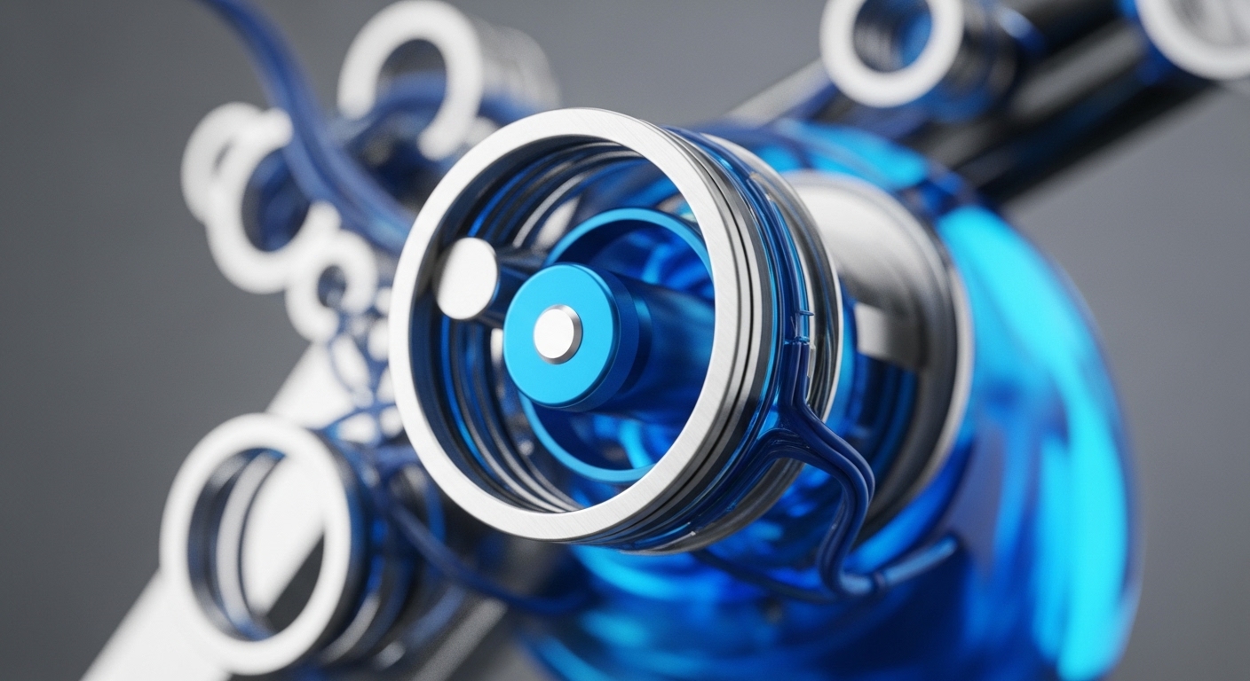A close-up view highlights a sophisticated assembly of metallic silver and vibrant translucent blue components. The central focus is a cylindrical blue element, capped with silver, surrounded by concentric silver rings and interconnected by blue tubular pathways
