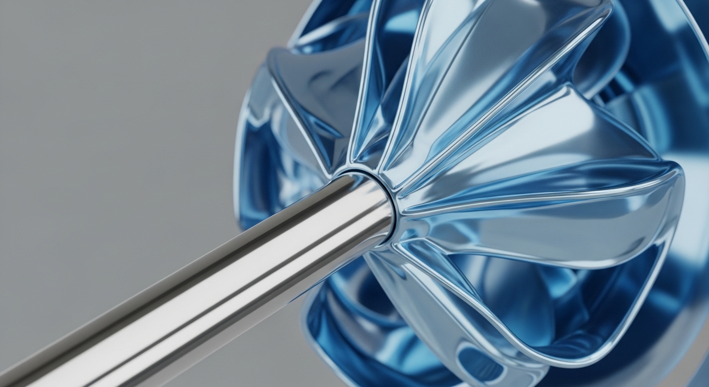 A gleaming metallic blue turbine-like structure with a central, highly reflective shaft dominates the frame. This intricate, polished component visually represents the sophisticated core engine of a blockchain network