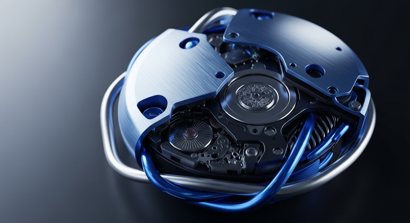 Intricate metallic components, featuring brushed silver plates and deep blue conduits, interlinked with visible gears and precision mechanisms. The detailed engineering evokes the complex internal workings of a decentralized ledger technology DLT, highlighting its consensus algorithm and underlying cryptographic primitives