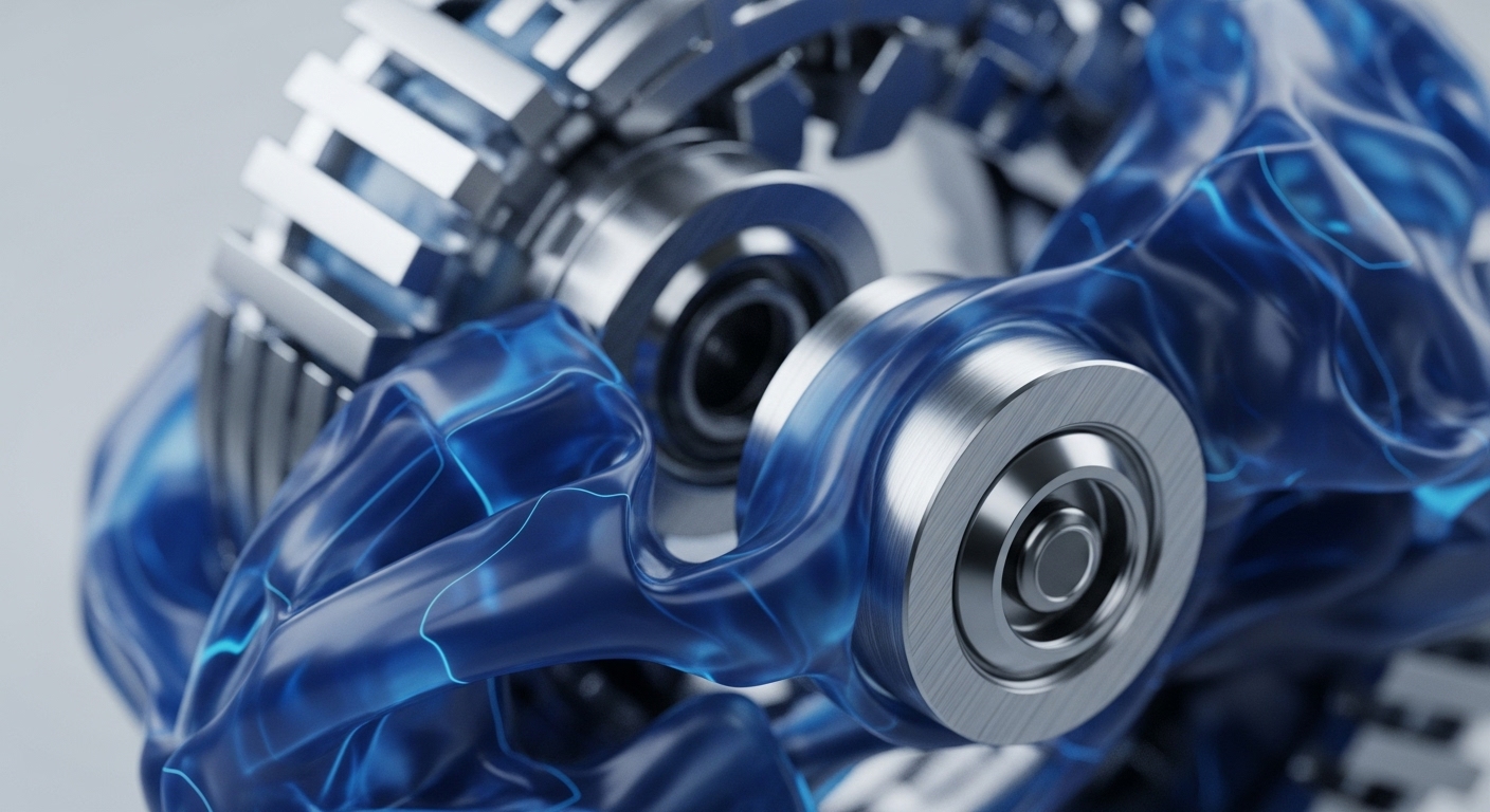 A close-up view reveals intricate brushed metallic components, resembling gears and bearings, seamlessly integrated within a translucent, vibrant blue fluid. Glowing electric blue lines trace dynamic pathways through the fluid, suggesting active data flow and transaction processing. This visual metaphor encapsulates complex blockchain architecture and decentralized infrastructure. The interplay of robust mechanical elements and energetic fluid represents a validator node executing smart contract logic or a Layer 2 scaling solution optimizing network throughput. It embodies the precision required for consensus mechanisms and distributed ledger technology operations.
