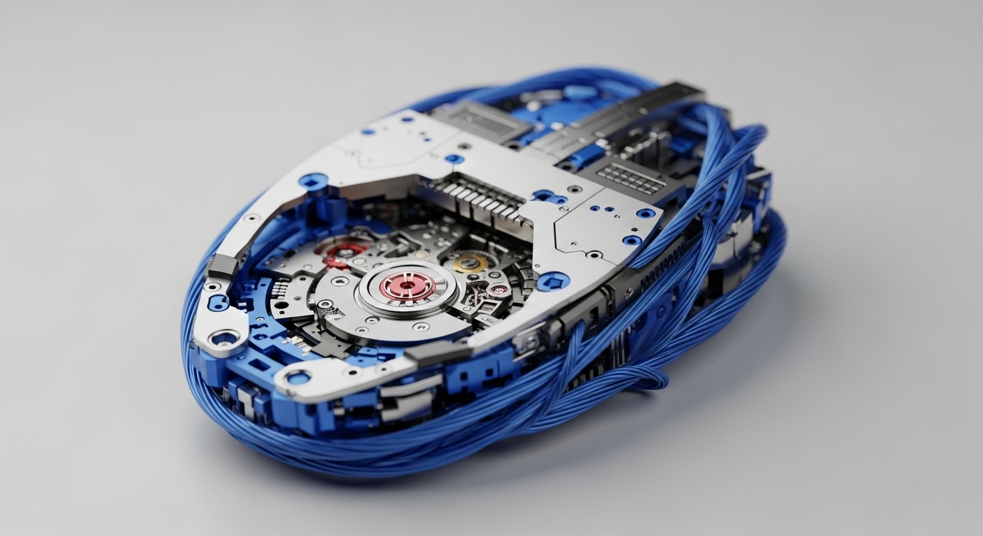 A meticulously engineered device showcases an exposed internal mechanism with intricate metallic gears, plates, and springs, set against a clean white background. Bright blue interwoven strands encase the core, providing a striking visual contrast to the polished silver and vibrant blue internal components