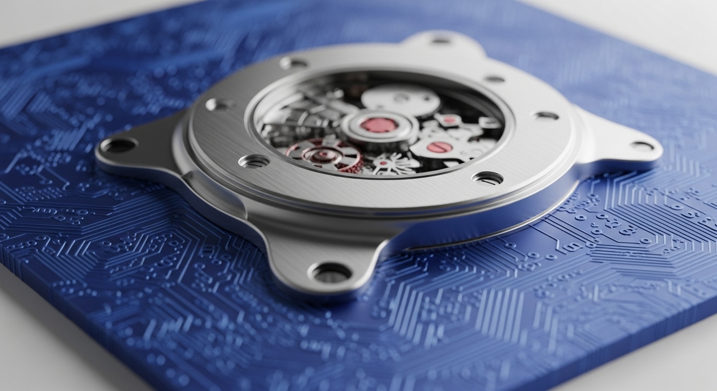 A meticulously crafted metallic mechanism, featuring intricate gears and ruby-like accents, is positioned on a vibrant blue base embossed with complex circuit board patterns. This visual metaphor directly represents the intricate workings of decentralized autonomous organizations DAOs and the underlying tokenomics that govern them