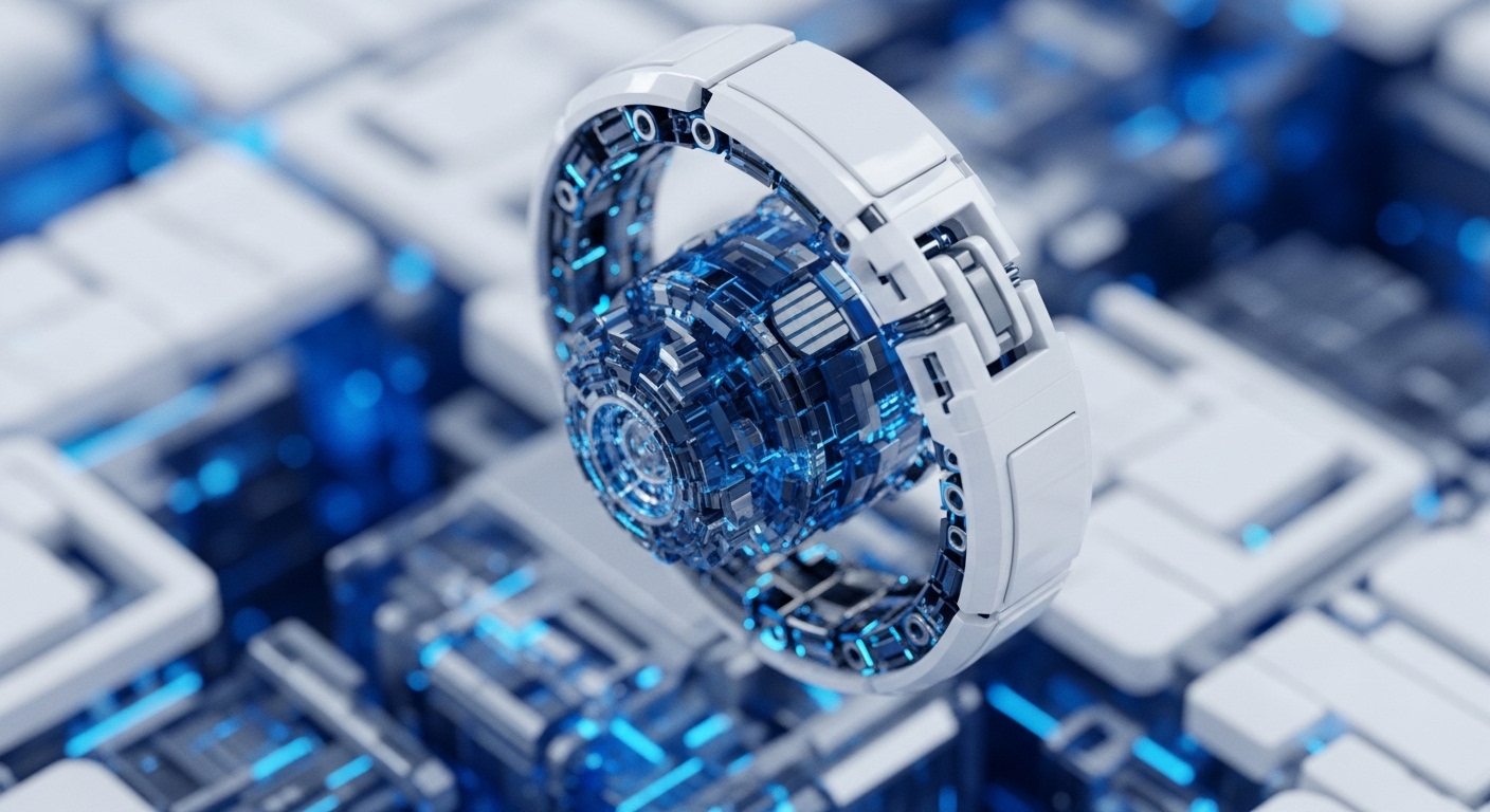 A detailed rendering of a futuristic white and blue ring-shaped mechanism, featuring a transparent, intricately designed blue core, hovers above a blurred background of white, block-like structures interconnected by glowing blue lines. The central mechanism appears to be a complex technological device, possibly a core component within a larger system