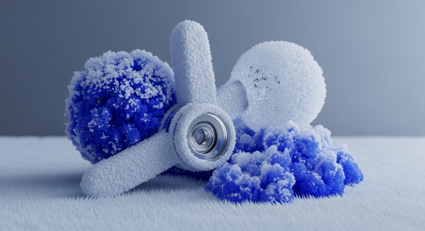 The image displays an abstract composition of textured objects in cool blue and white tones. A central white, propeller-like structure with a metallic core is surrounded by frosted blue and white spheres and irregular blue clusters on a fuzzy white surface