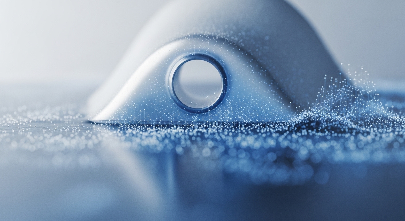 A sleek, light-colored, undulating form with a prominent central circular opening is surrounded by a dynamic field of luminous blue and white particles. The foreground and background are softly blurred, drawing focus to the intricate interaction